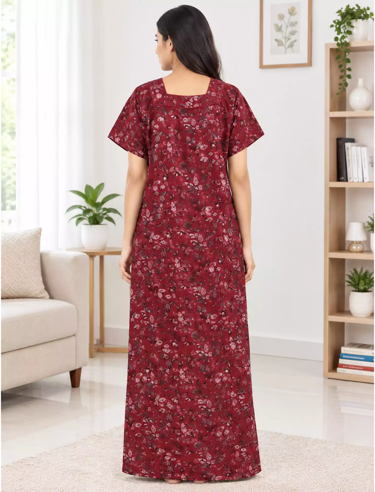 Women Floral Printed Cotton Zipless Front Lace Nighty | Mangai Nighties