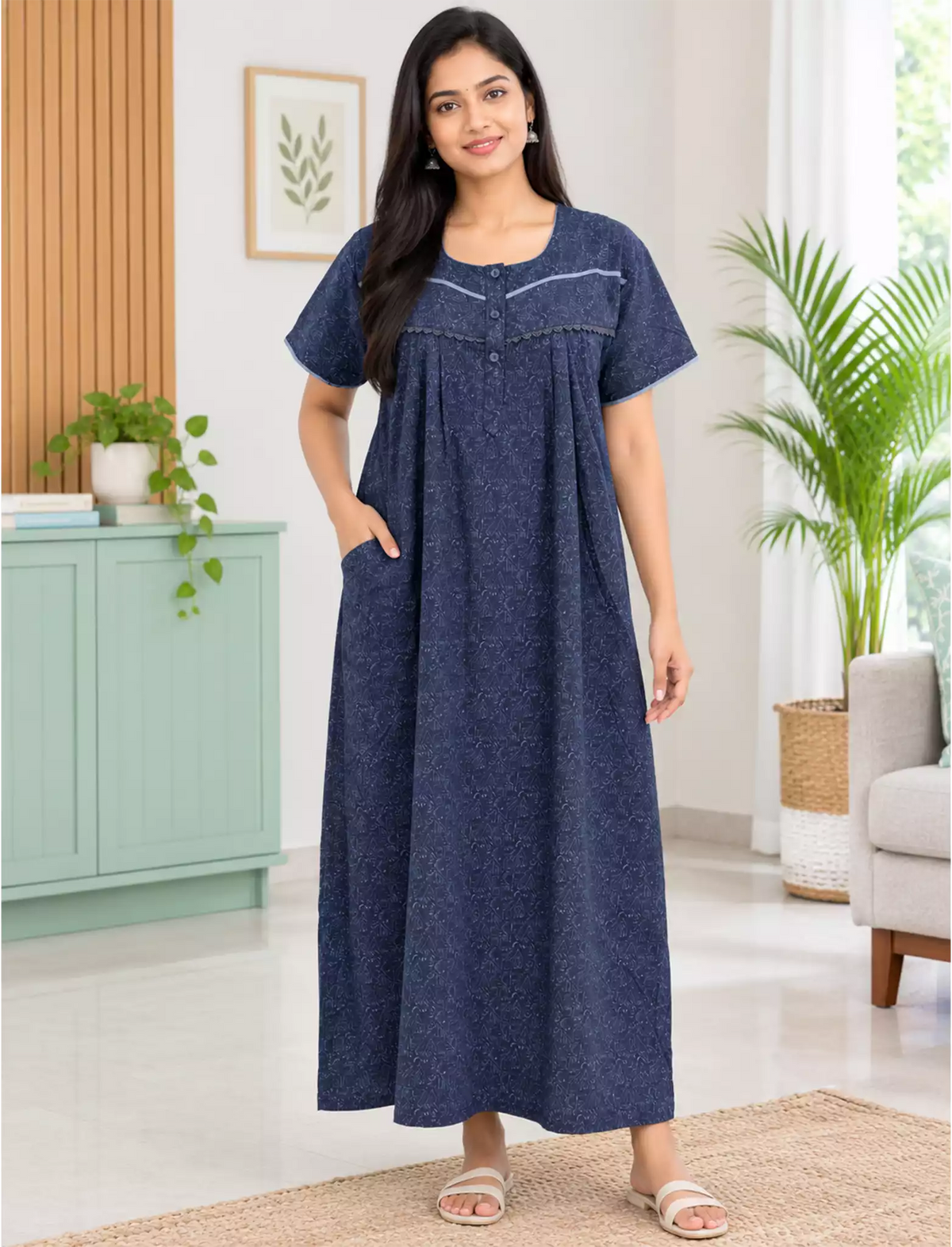 Women Abstract Printed Soft Cotton Front Button Nighty | Mangai Nighties