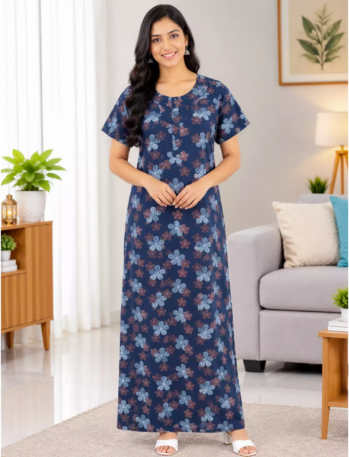 Women Floral Printed Cotton Front Zip Pleated Nighty with Side Pocket | Mangai Nighties