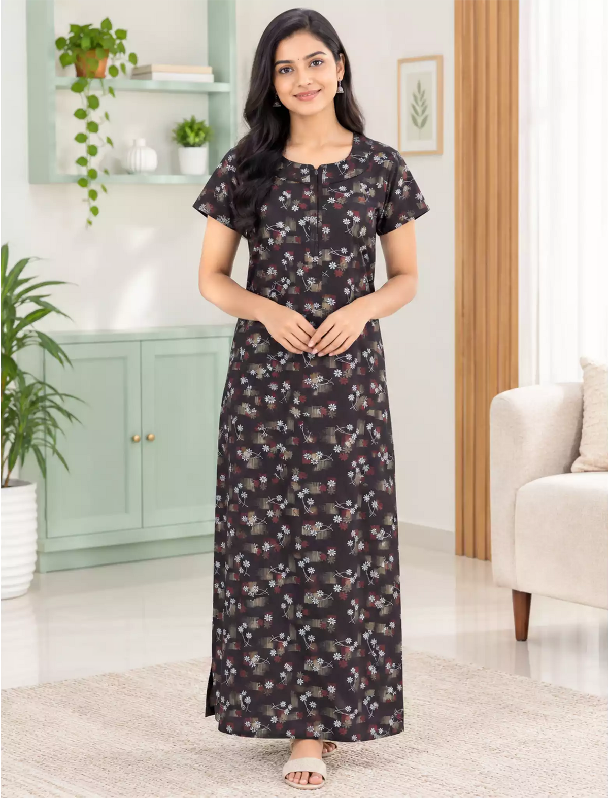 Cotton Floral Printed Cotton Front Zip Pleated Daily Wear Nighty | Mangai Nighties