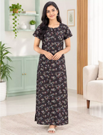 Cotton Floral Printed Cotton Front Zip Pleated Daily Wear Nighty | Mangai Nighties