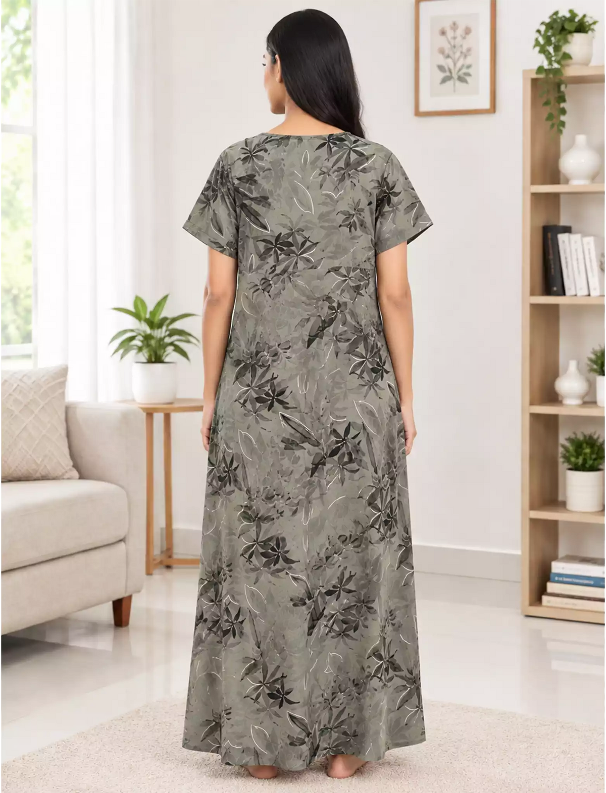 Women Leaf Printed Cotton Zipless Front Lace Nighty with Side Pocket | Mangai Nighties