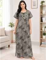 Women Leaf Printed Cotton Zipless Front Lace Nighty with Side Pocket | Mangai Nighties