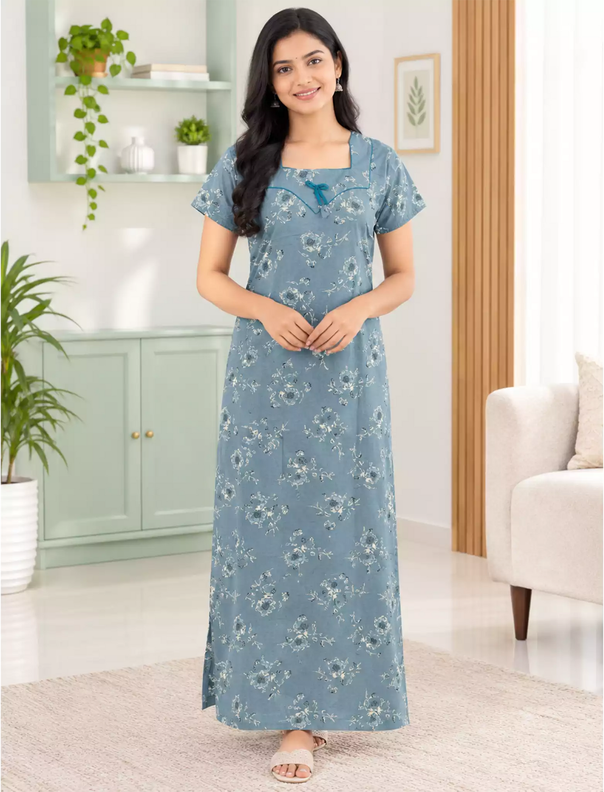 Women Floral Printed Cotton Zipless Front Lace Nighty | Mangai Nighties