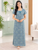 Women Floral Printed Cotton Zipless Front Lace Nighty | Mangai Nighties