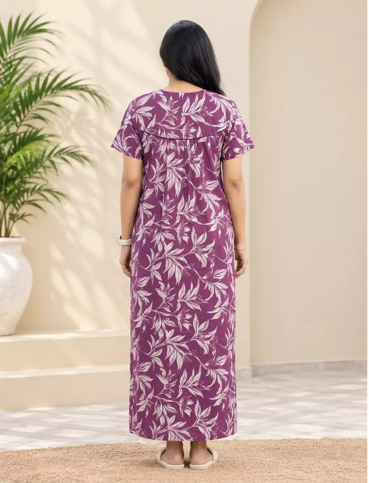 Women Leaf Printed Cotton Zipless Pleated Nighty with Pocket | Mangai Nighties