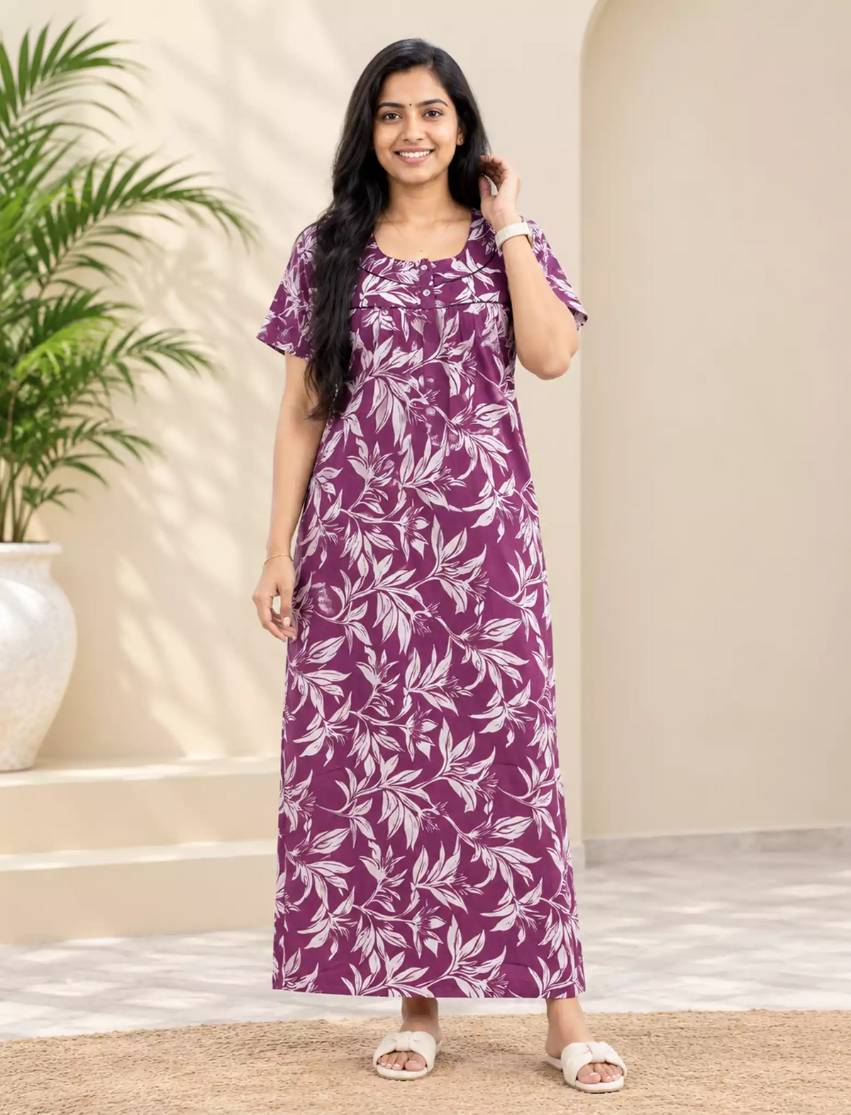 Women Leaf Printed Cotton Zipless Pleated Nighty with Pocket | Mangai Nighties