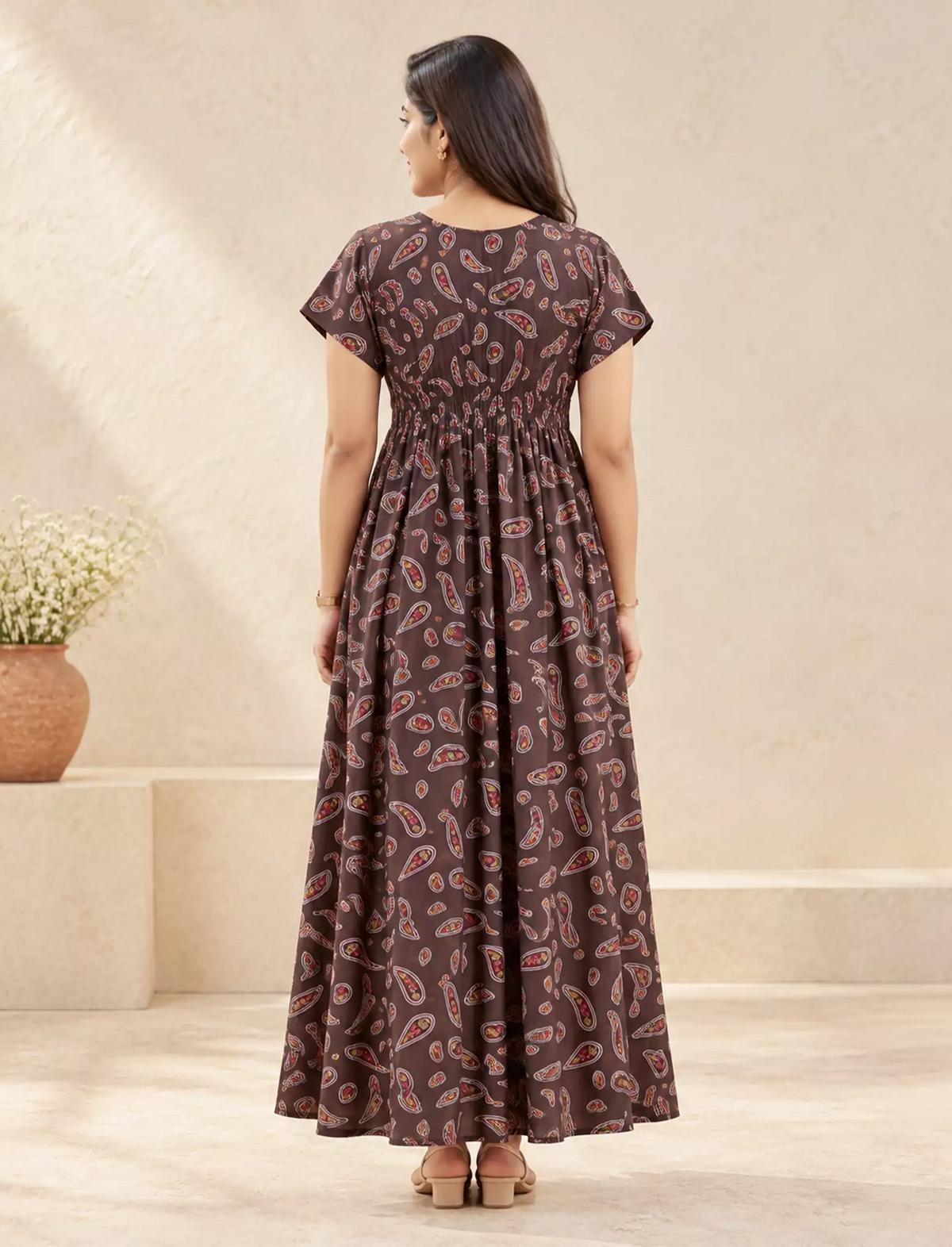 Alpine Paisley Print Smocking Nightgown with Round Neck- Mangai Nighties