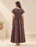 Alpine Paisley Print Smocking Nightgown with Round Neck- Mangai Nighties