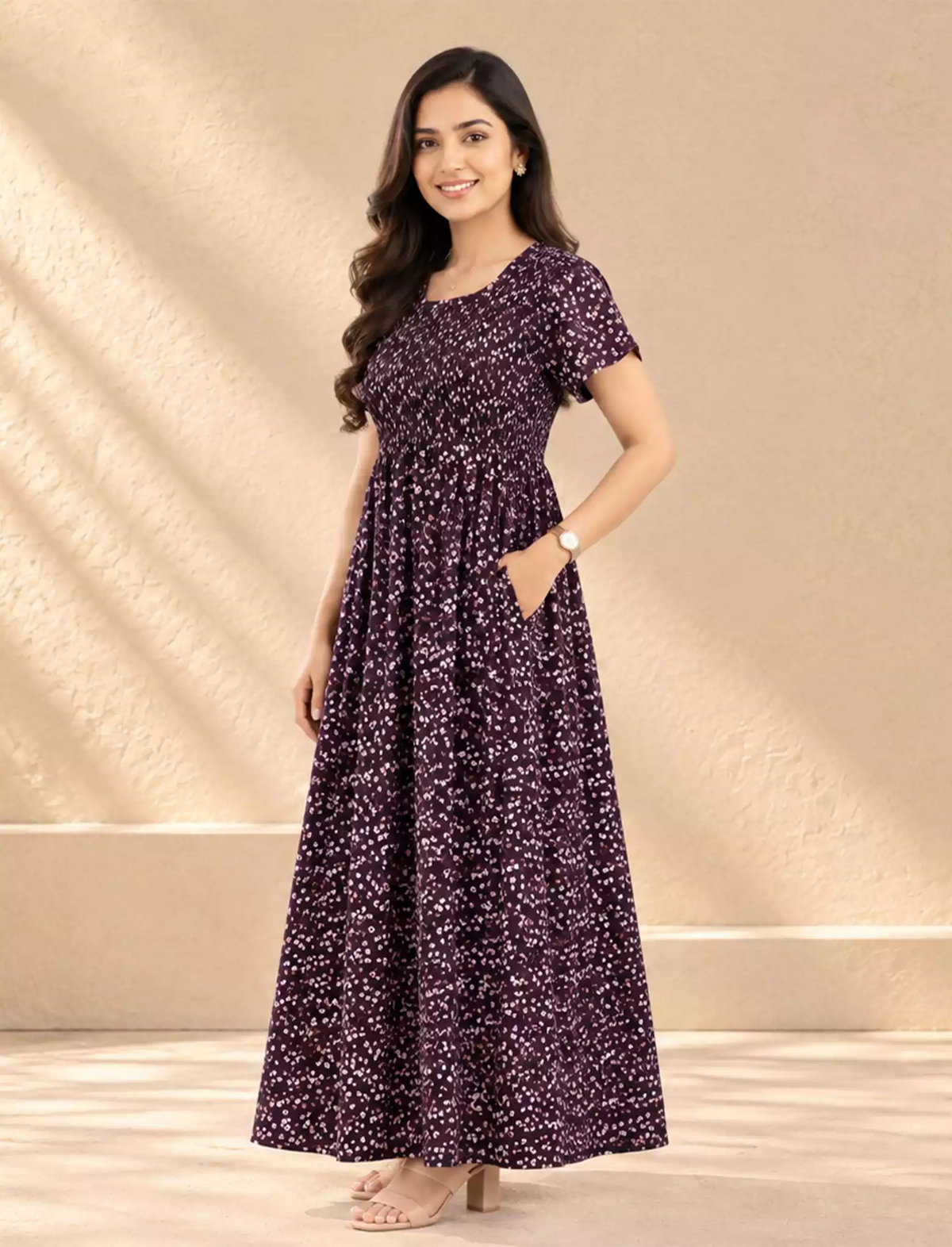 Alpine Floral Printed Smocking Nighty with Pocket – Mangai Nighties
