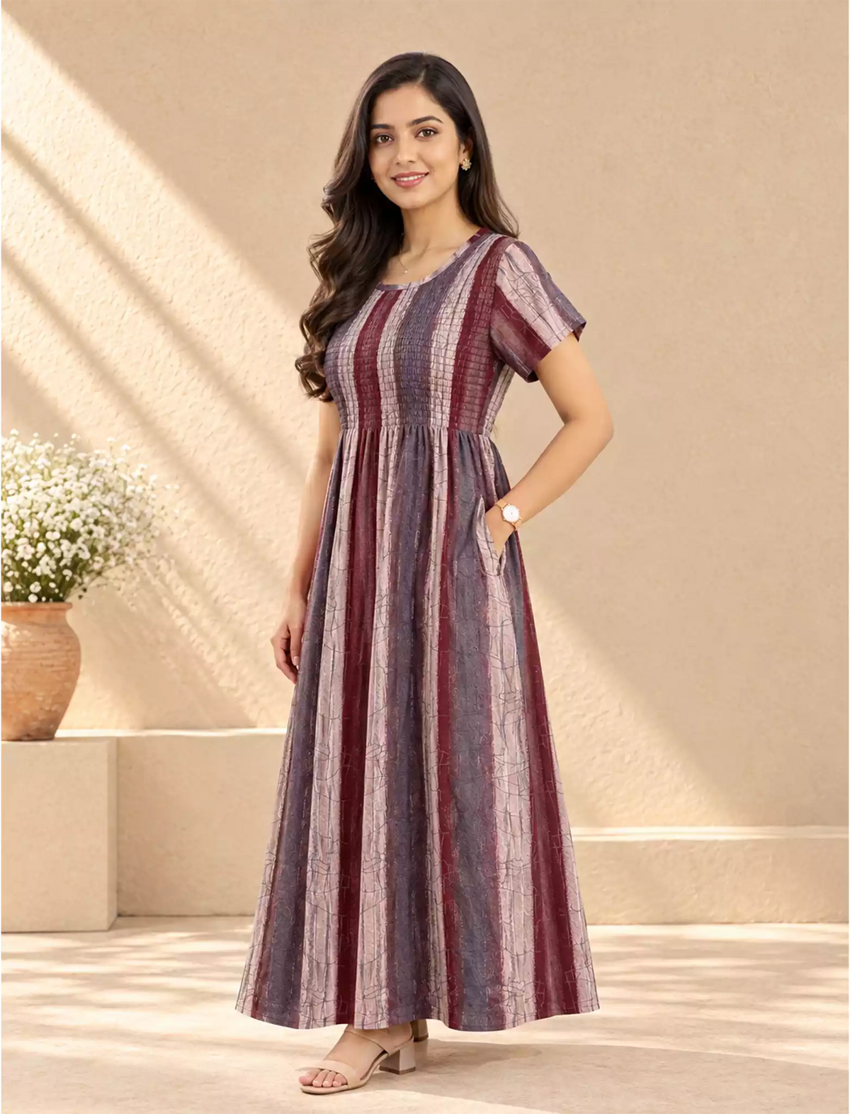 Alpine Stripe Printed Smocking Nighty with Pleats - Mangai Nighties