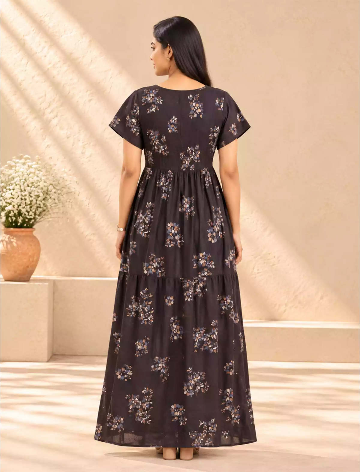 Alpine Floral Stretchable Smocking Nighty for Women – Mangai Nighties