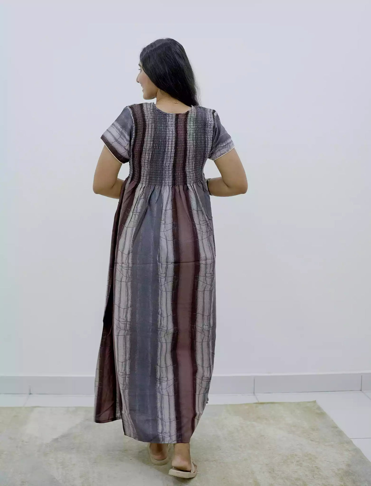 Alpine Stripe Printed Smocking Nighty with Pleats - Mangai Nighties