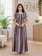 Alpine Stripe Printed Smocking Nighty with Pleats - Mangai Nighties