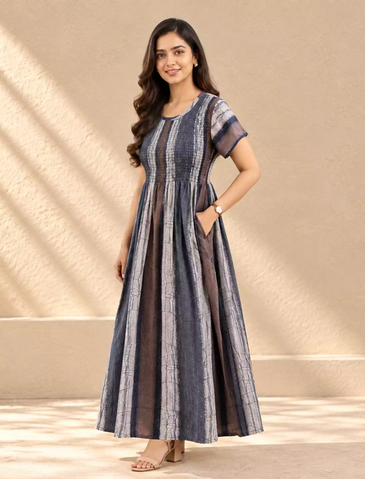 Alpine Stripe Printed Smocking Nighty with Pleats - Mangai Nighties