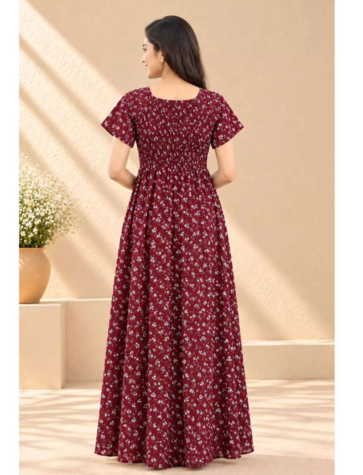 Alpine Floral Printed Smocking Nighty with Pocket – Mangai Nighties