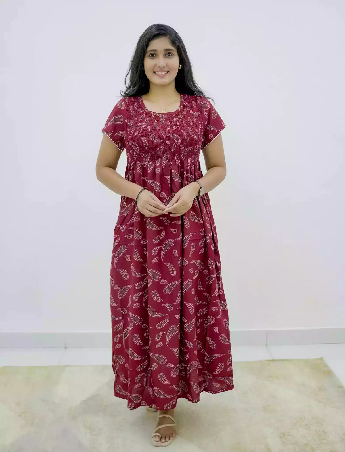 Alpine Paisley Print Smocking Nightgown with Round Neck- Mangai Nighties