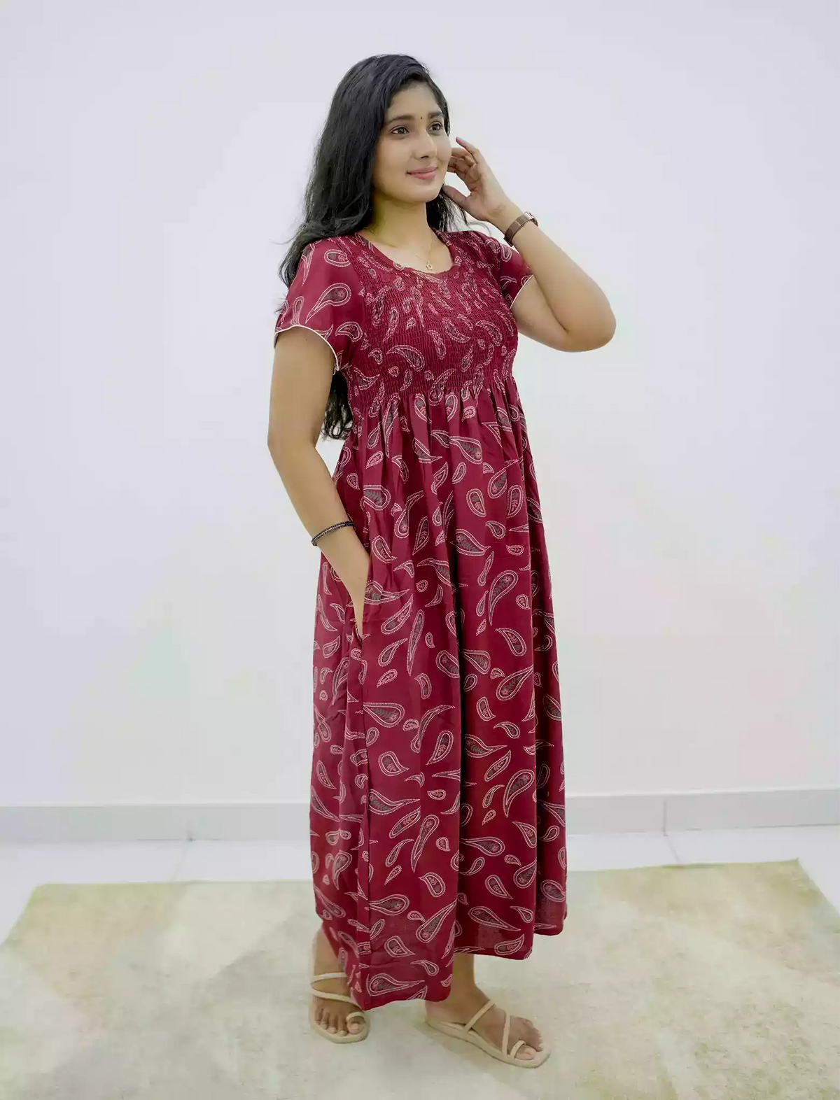 Alpine Paisley Print Smocking Nightgown with Round Neck- Mangai Nighties