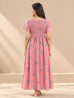 Alpine Floral Pleated Stretchable Smocking Nightgown - Mangai Nighties