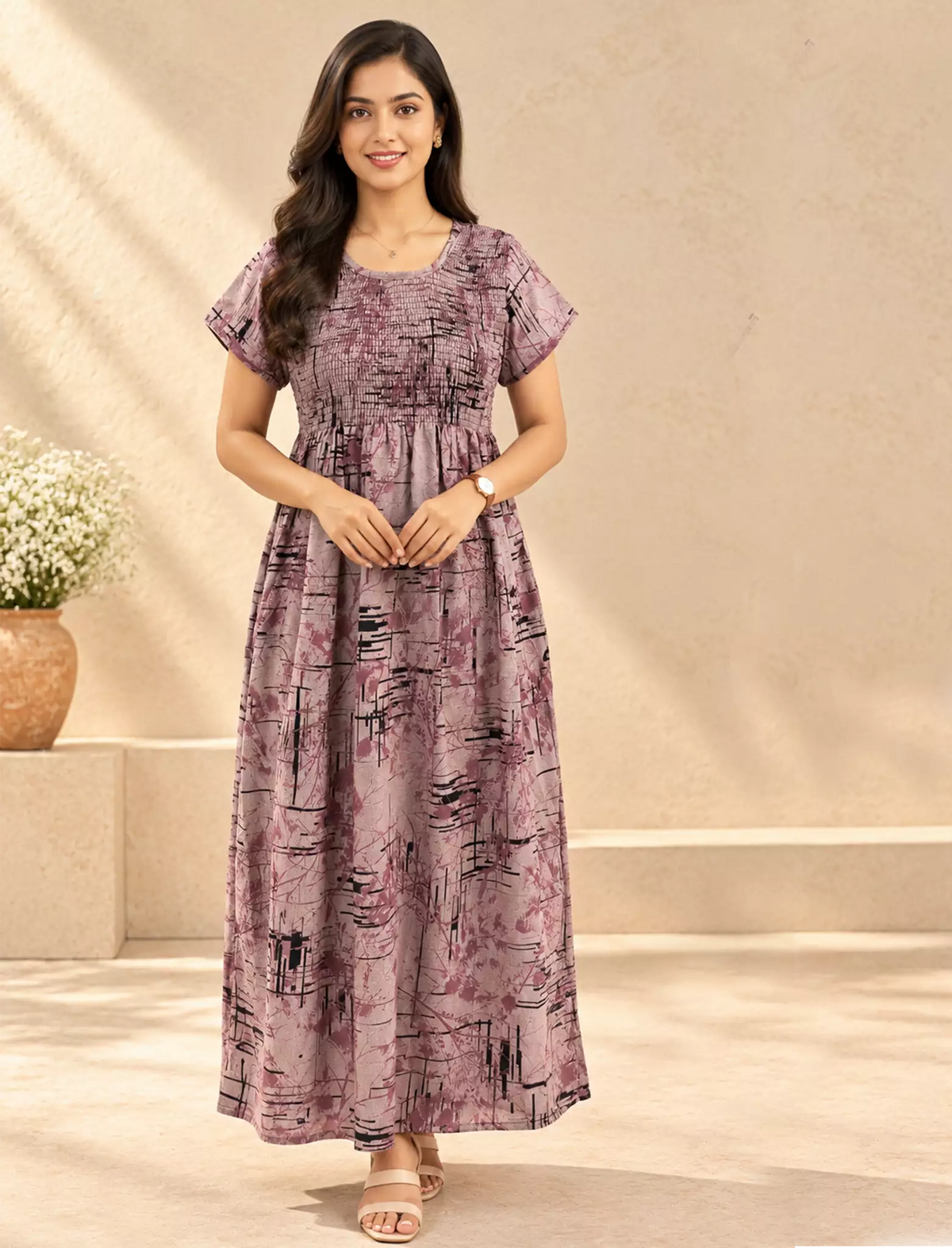 Alpine Abstract Print Smocking Nighty for Women– Mangai Nighties