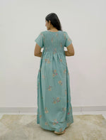 Alpine Floral Pleated Stretchable Smocking Nightgown - Mangai Nighties