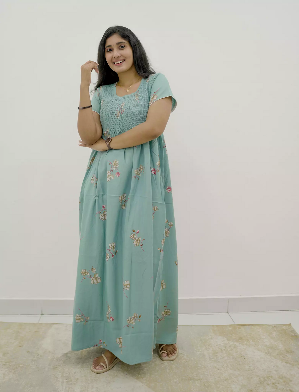 Alpine Floral Pleated Stretchable Smocking Nightgown - Mangai Nighties