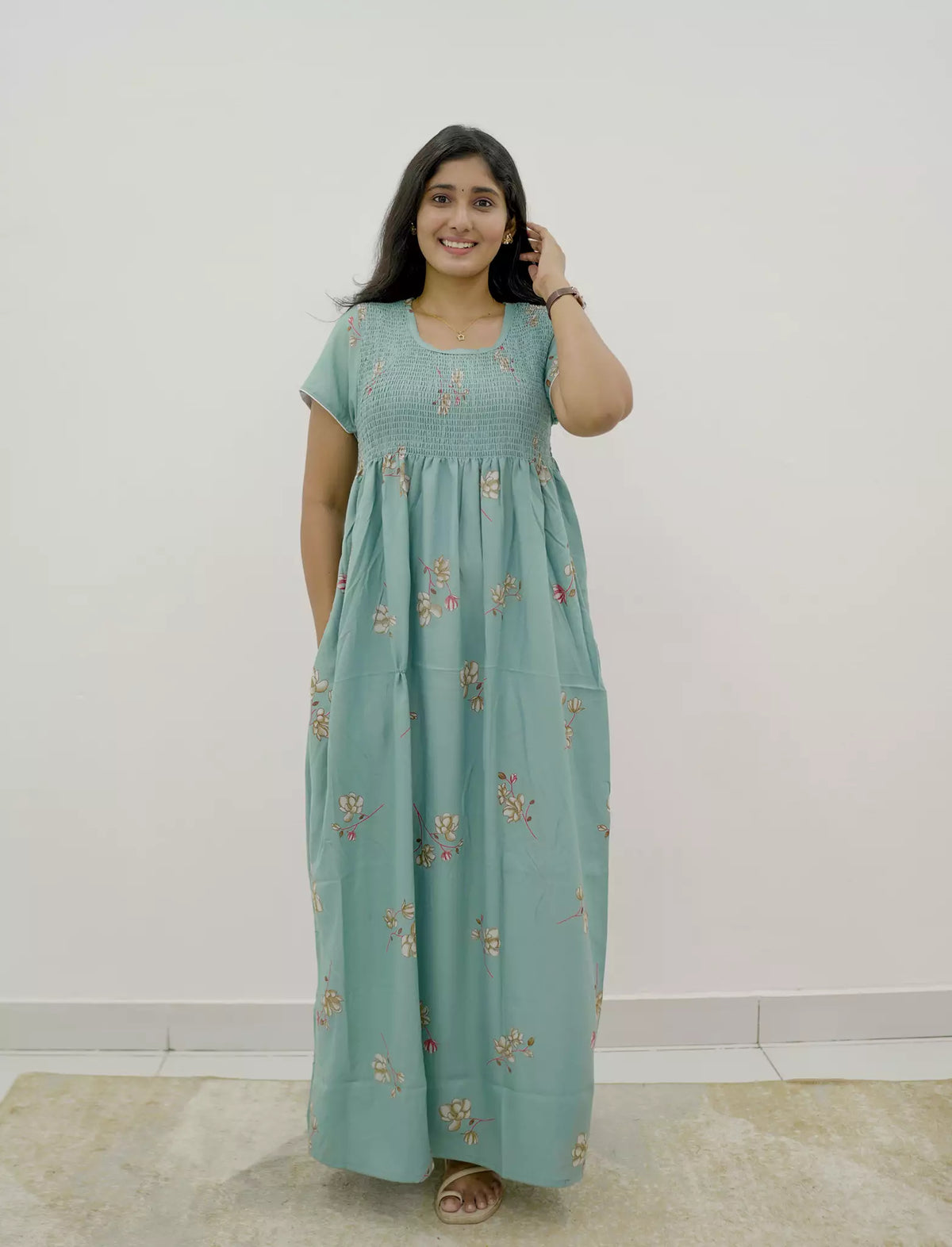 Alpine Floral Pleated Stretchable Smocking Nightgown - Mangai Nighties