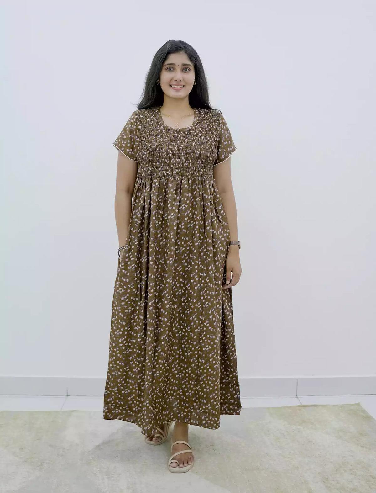 Alpine Floral Printed Smocking Nighty with Pocket – Mangai Nighties