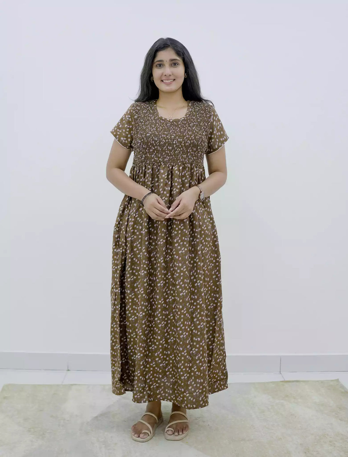 Alpine Floral Printed Smocking Nighty with Pocket – Mangai Nighties