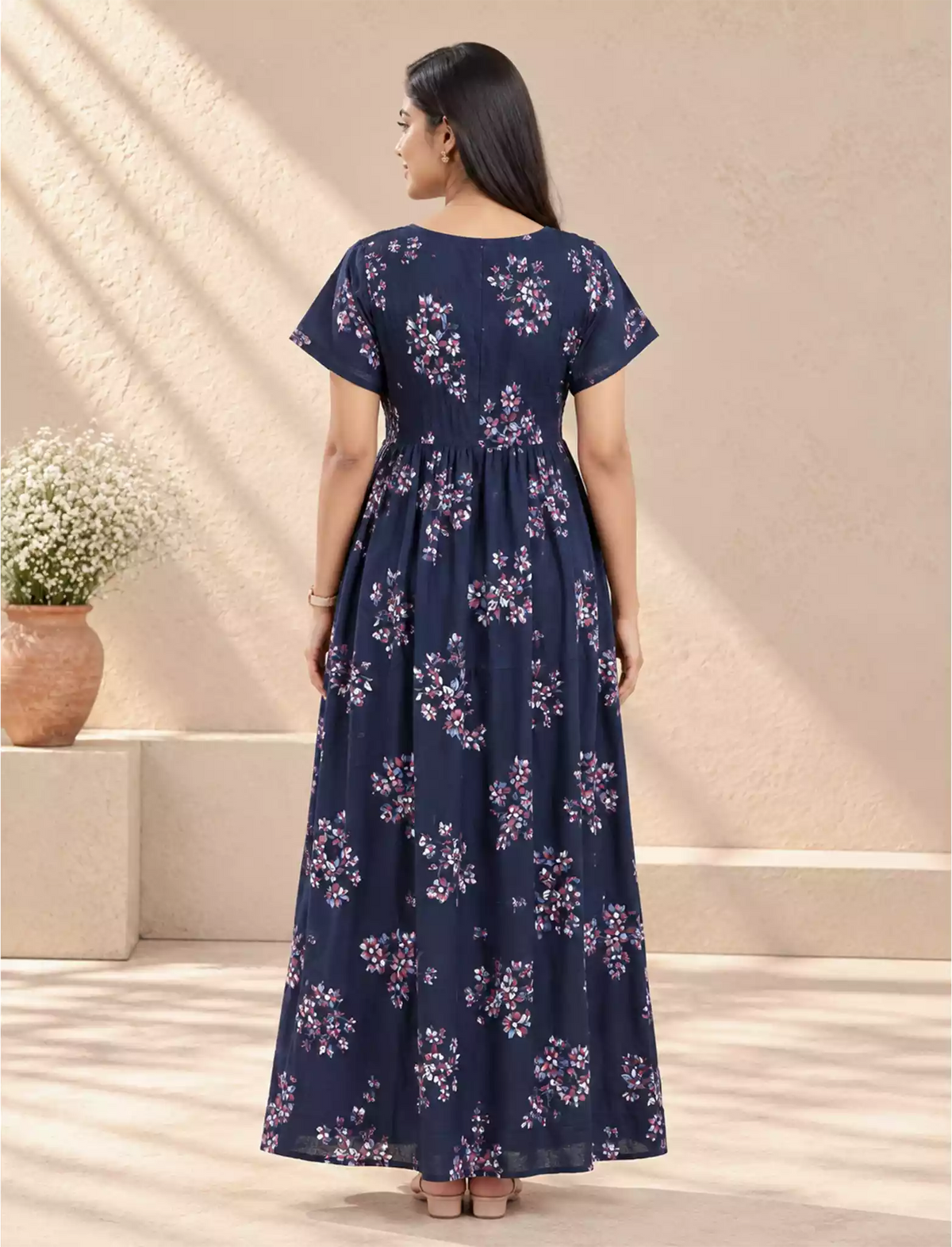Alpine Floral Stretchable Smocking Nighty for Women – Mangai Nighties