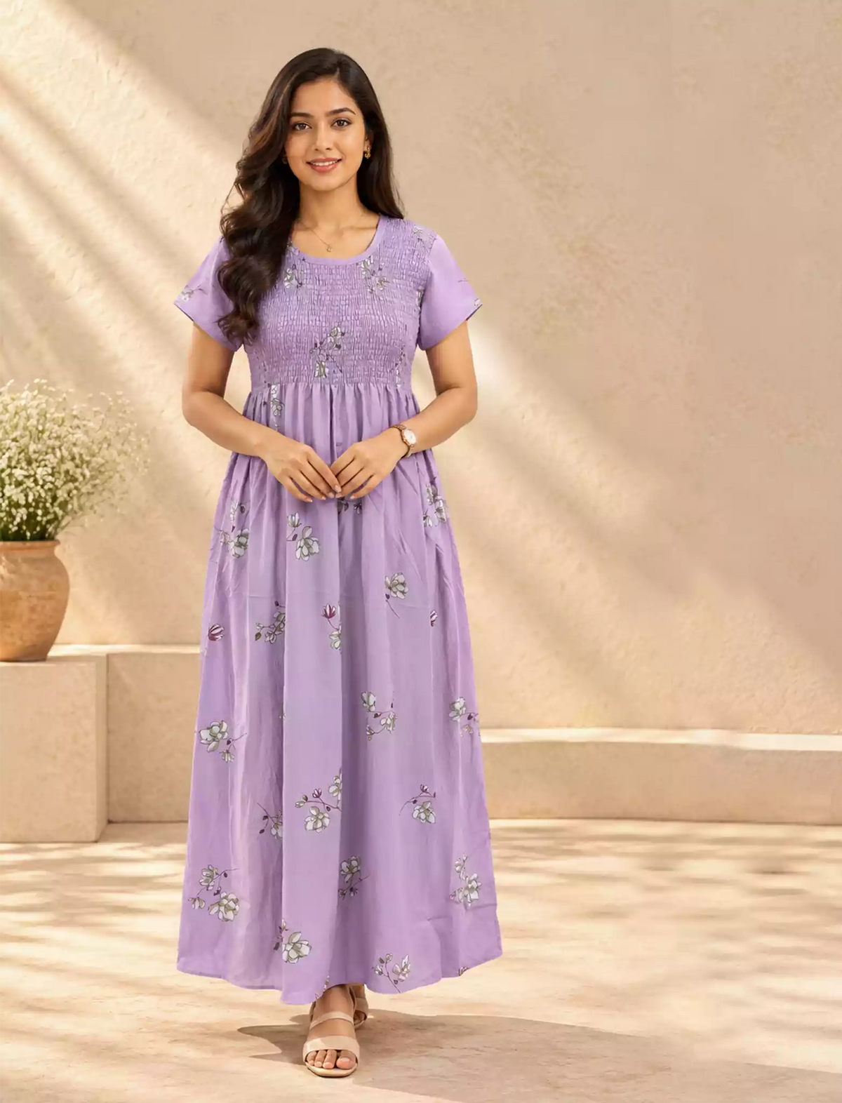 Alpine Floral Pleated Stretchable Smocking Nightgown - Mangai Nighties
