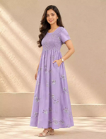 Alpine Floral Pleated Stretchable Smocking Nightgown - Mangai Nighties