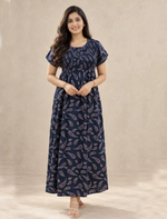 Alpine Paisley Print Smocking Nightgown with Round Neck- Mangai Nighties