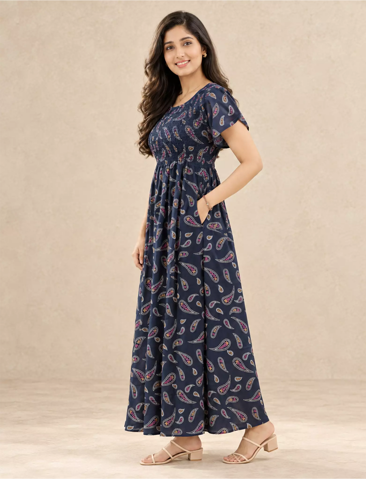 Alpine Paisley Print Smocking Nightgown with Round Neck- Mangai Nighties