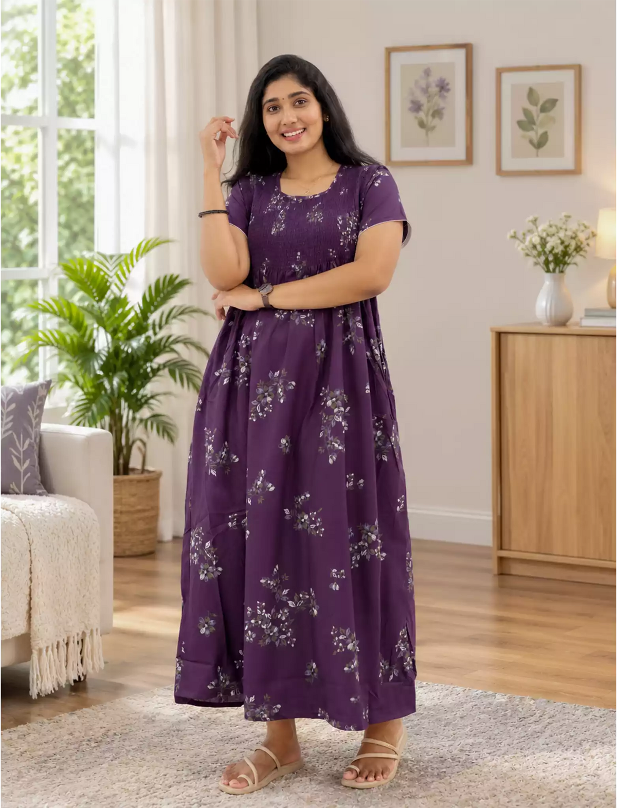 Alpine Floral Stretchable Smocking Nighty for Women – Mangai Nighties