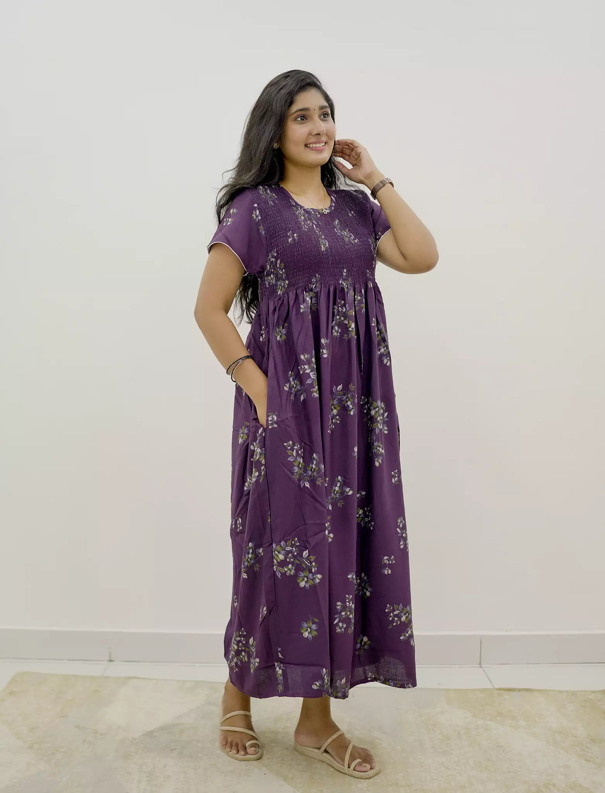 Alpine Floral Stretchable Smocking Nighty for Women – Mangai Nighties
