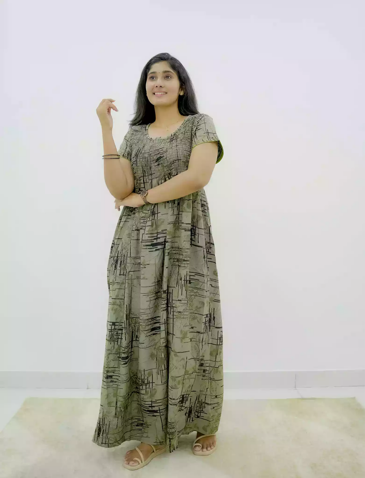 Alpine Abstract Print Smocking Nighty for Women– Mangai Nighties