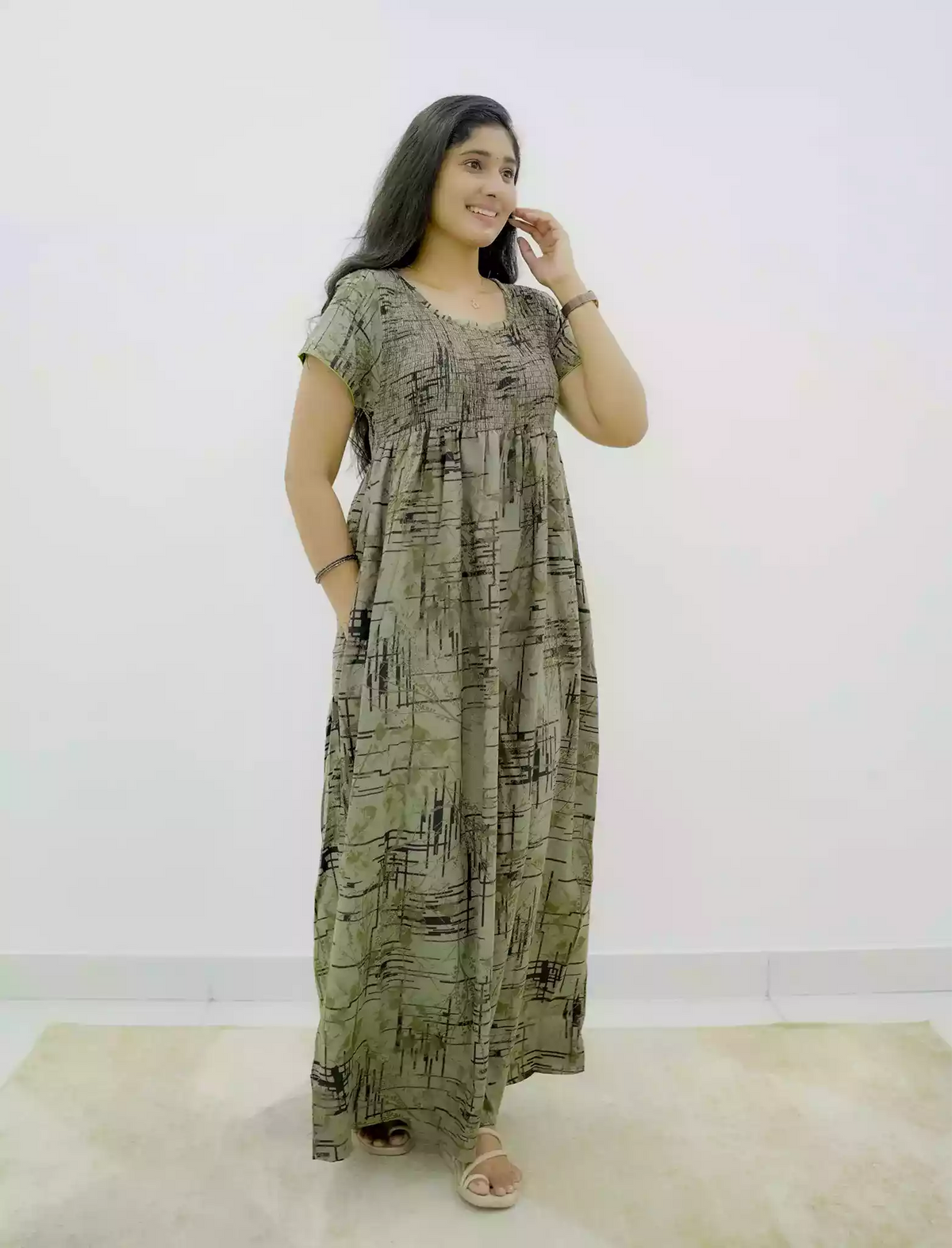 Alpine Abstract Print Smocking Nighty for Women– Mangai Nighties