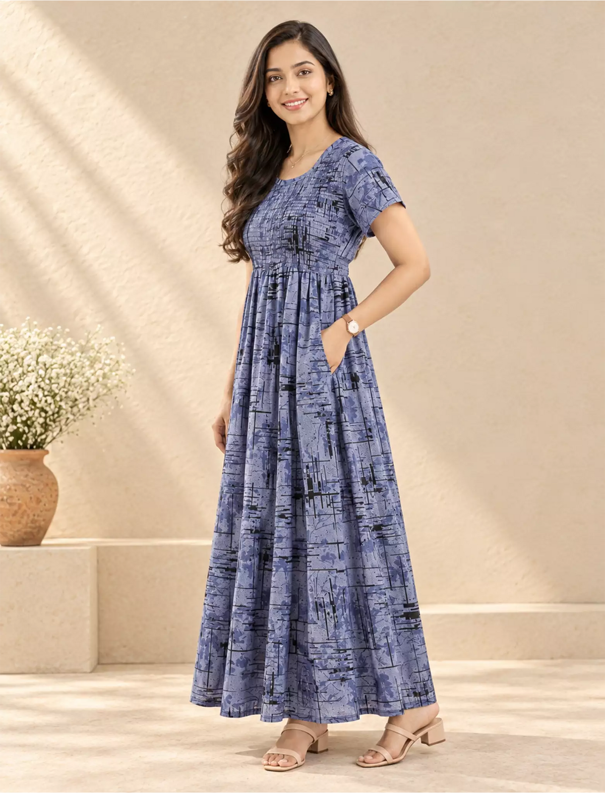 Alpine Abstract Print Smocking Nighty for Women– Mangai Nighties