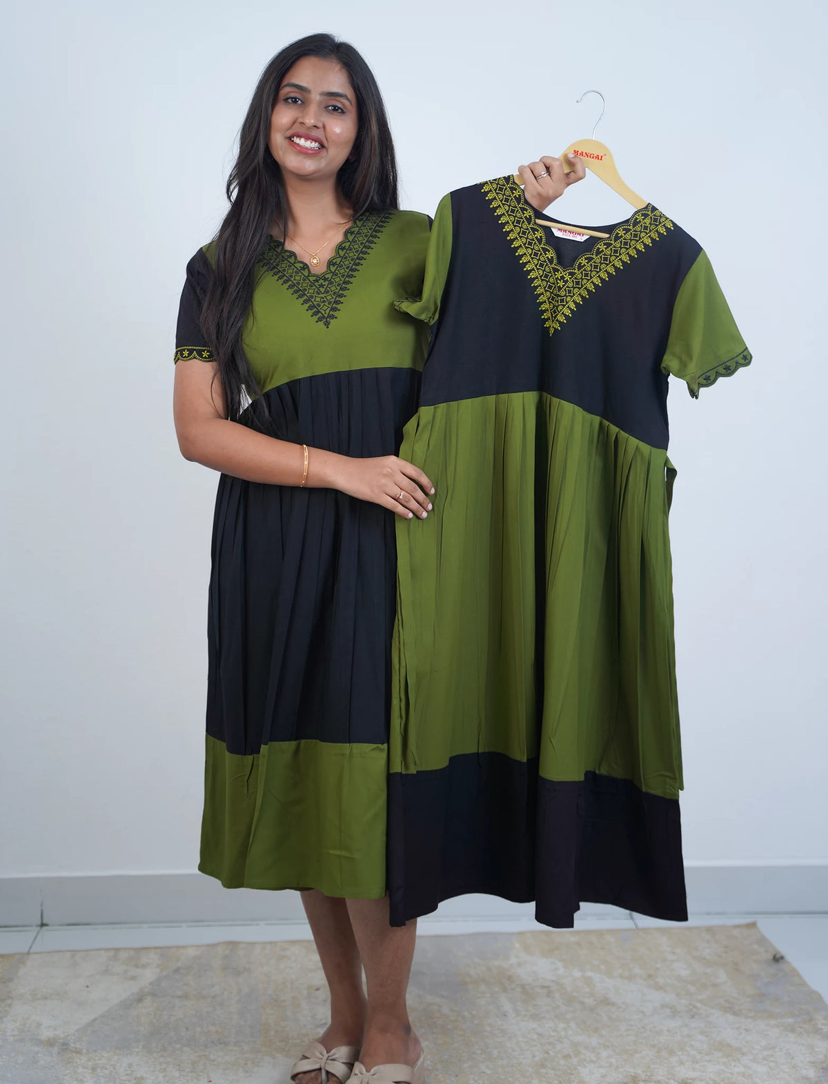 Rayon Plain Embroidered V-Neck Rayon Maxi with Pocket - Mangai Nighties