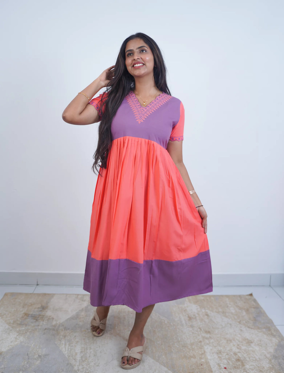 Plain Embroidered V-Neck Rayon Maxi Nighty With Back Tie - Mangai Nighties