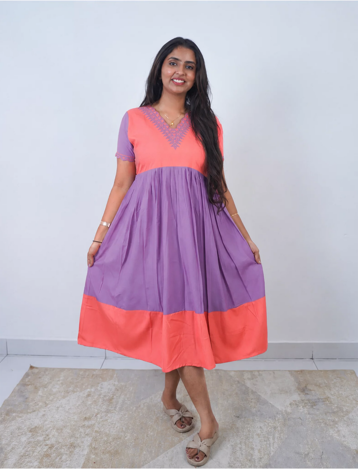 Plain Embroidered V-Neck Rayon Maxi Nighty With Back Tie - Mangai Nighties