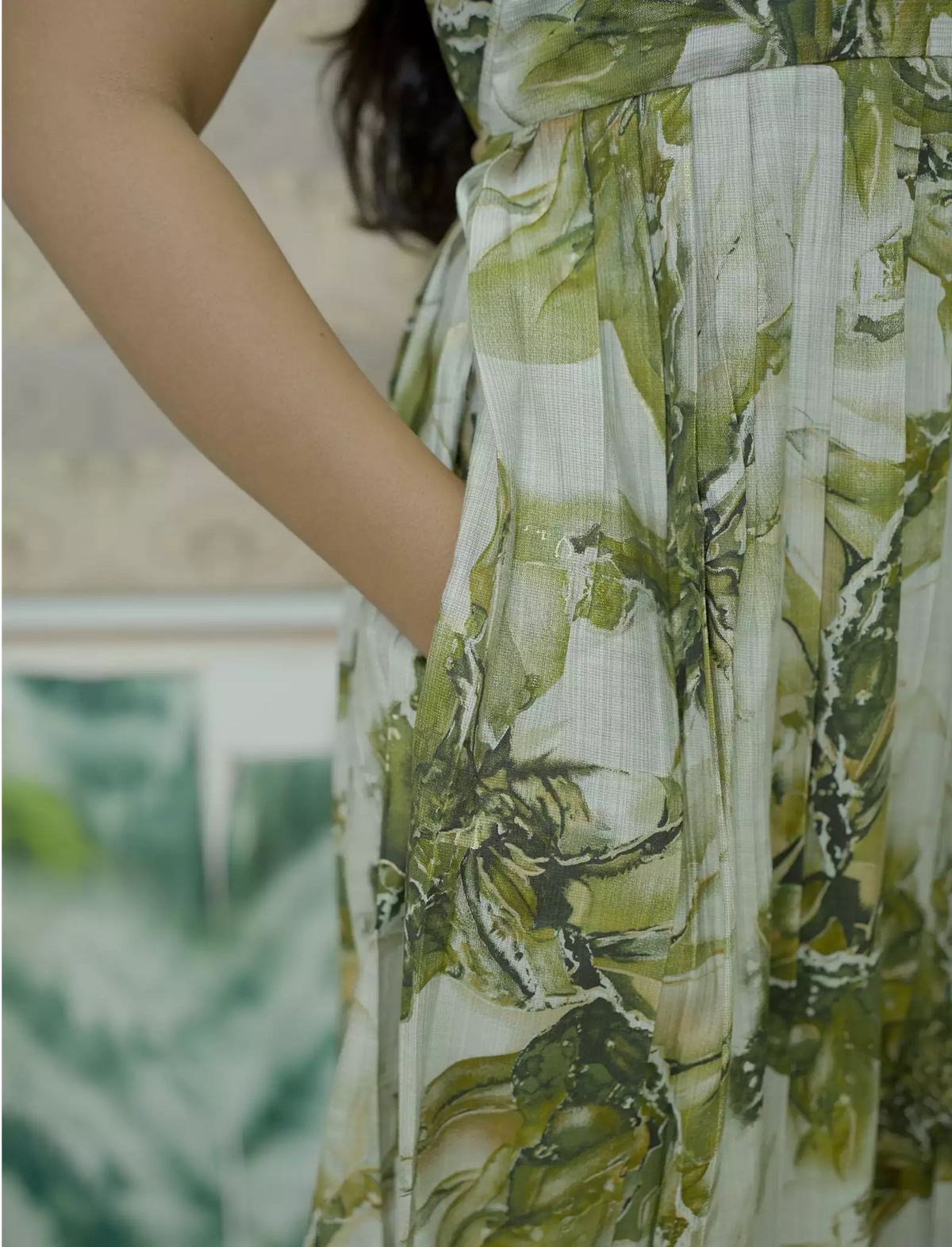 Abstract Botanical Foliage Print Festive Wear Vatican Maxi Frock - Mangai Nighties