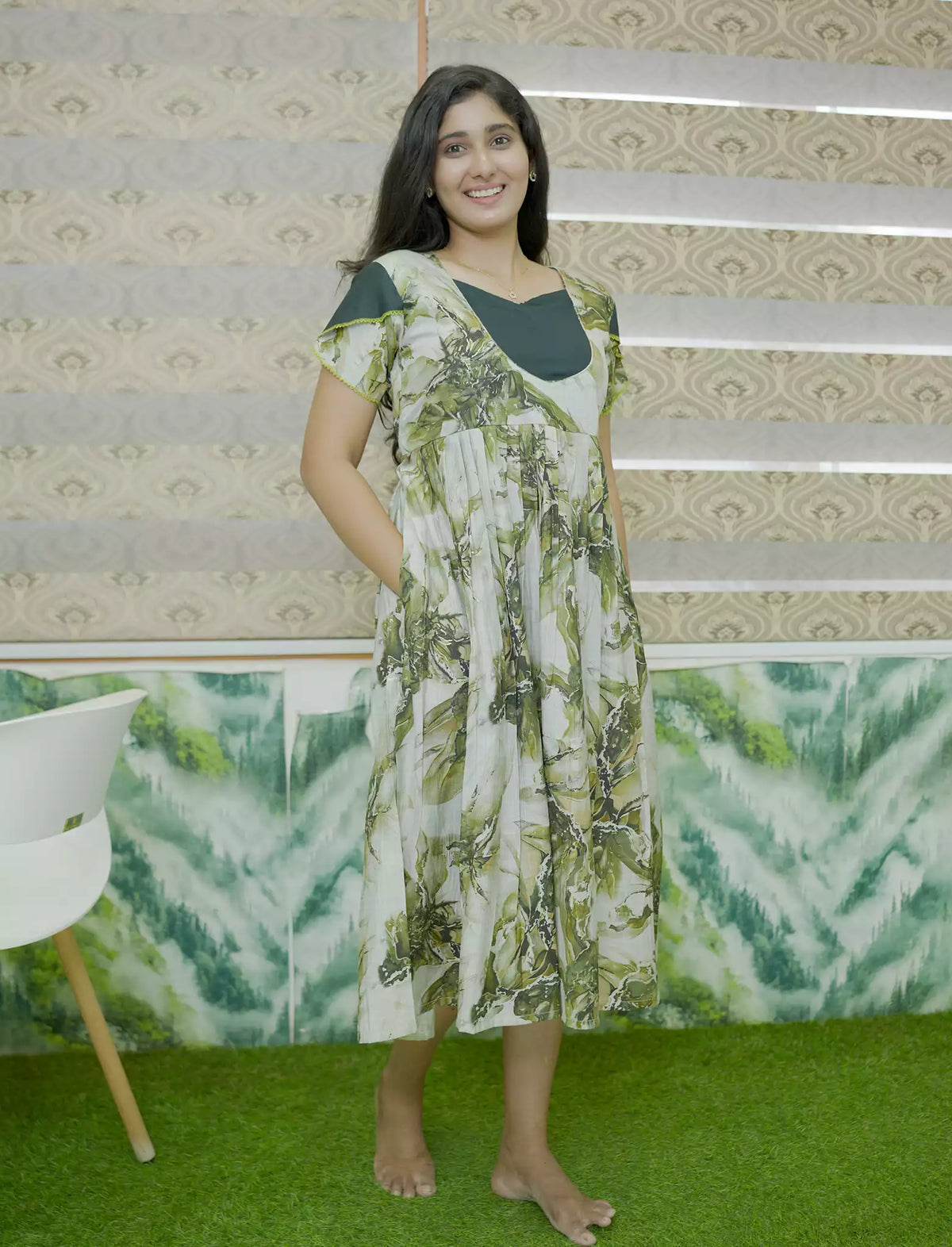 Abstract Botanical Foliage Print Festive Wear Vatican Maxi Frock - Mangai Nighties
