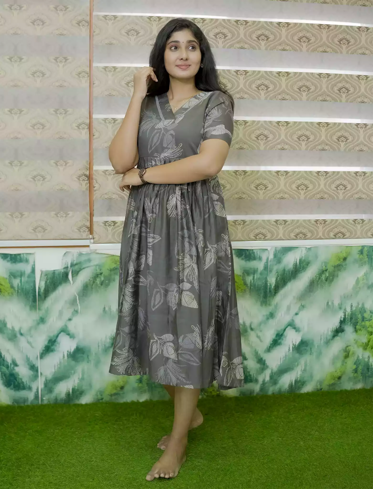 Leaf Foliage Sketch Printed Rayon Vatican Maxi Frock with V-Neck Trim - Mangai Nighties
