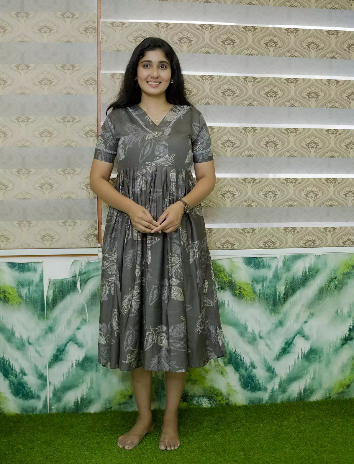 Leaf Foliage Sketch Printed Rayon Vatican Maxi Frock with V-Neck Trim - Mangai Nighties