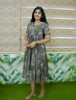 Leaf Foliage Sketch Printed Rayon Vatican Maxi Frock with V-Neck Trim - Mangai Nighties