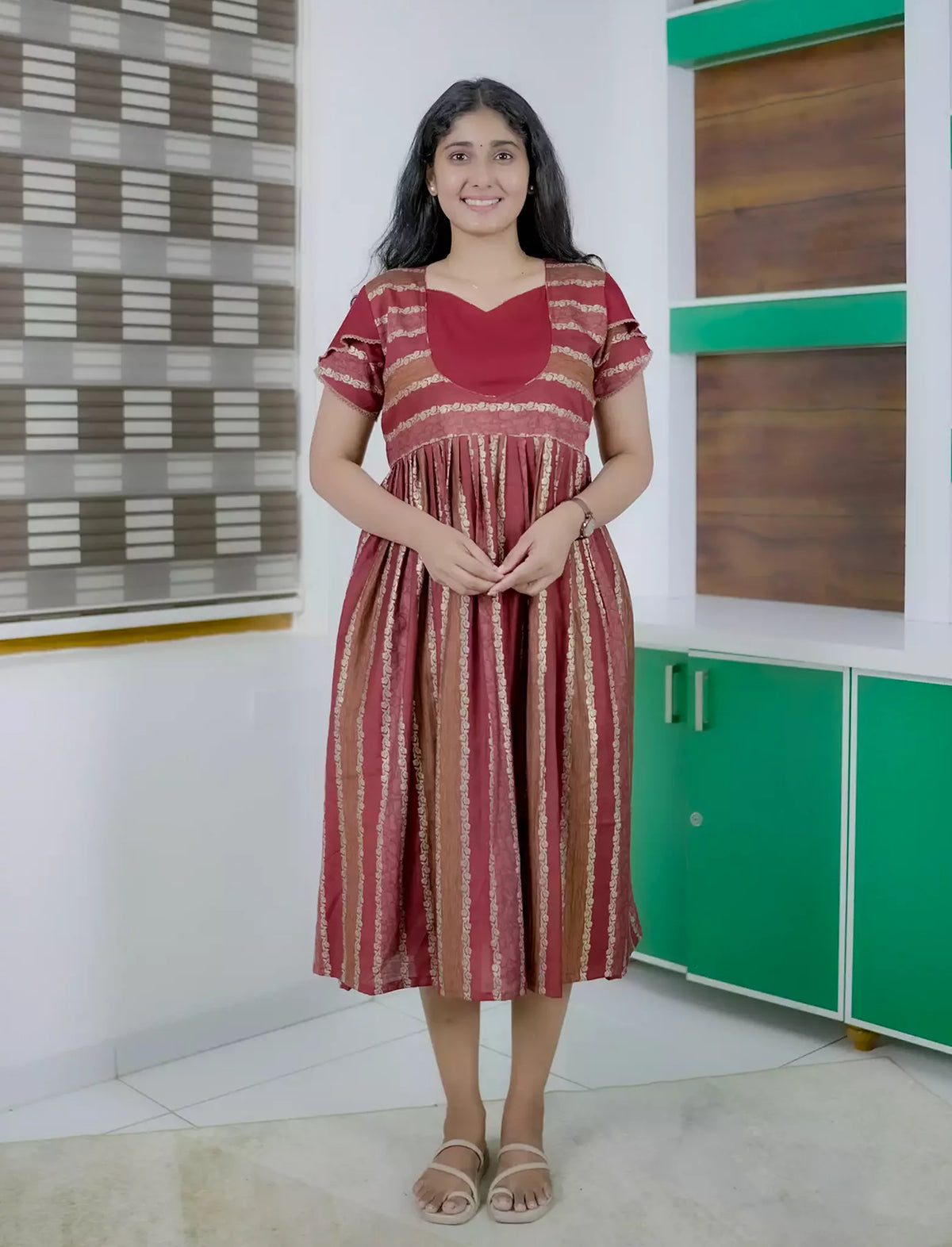 Ethnic Ornamental Stripe Print Vatican Maxi Frock with Back Tie - Mangai Nighties