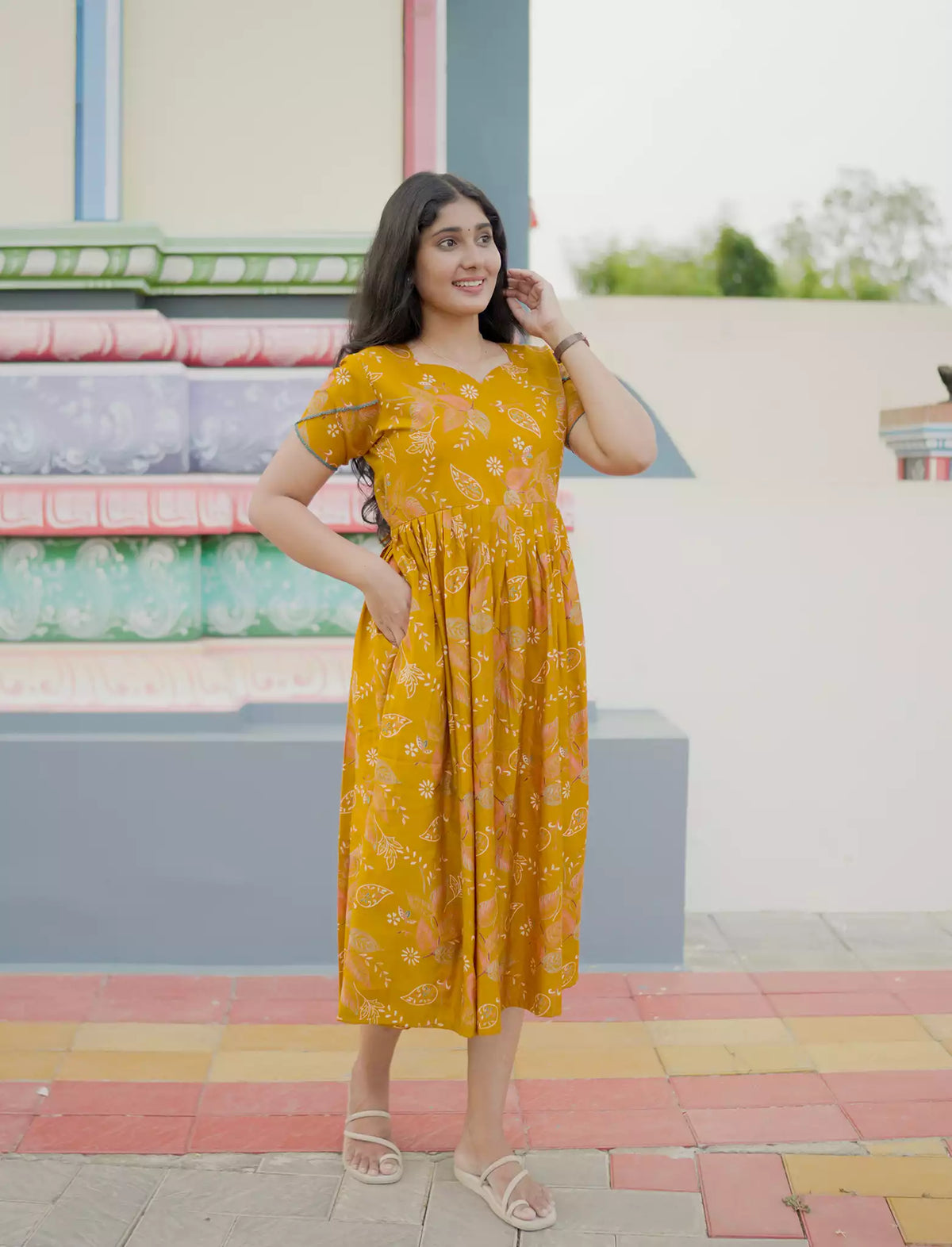 Paisley Floral Printed Rayon Vatican Maxi Frock with Petal Sleeve - Mangai Nighties
