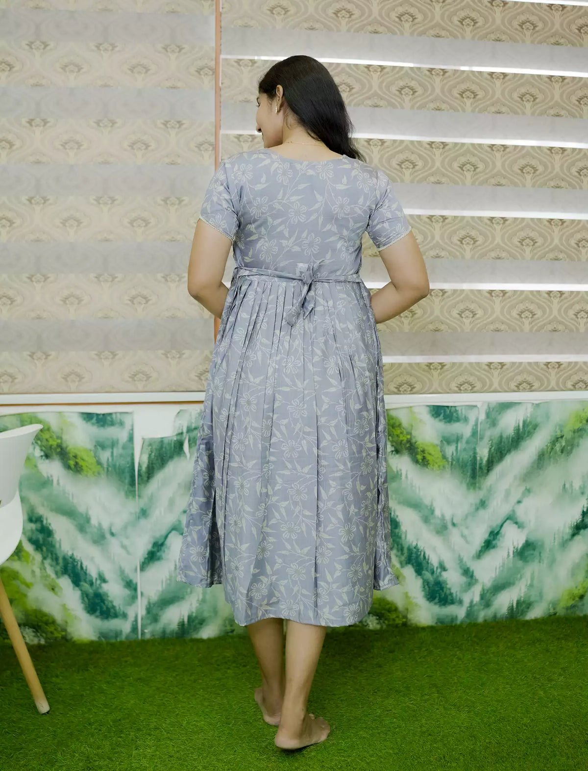 Floral & Leaf Print Rayon Vatican Maxi Frock with Back Tie - Mangai Nighties